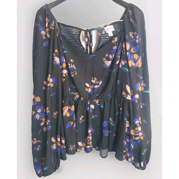 Ava & Viv Black Floral Peplum Blouse Women's 2X Prairie Neck Tie Shirred Back - Picture 1 of 8
